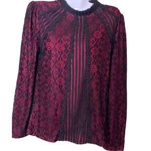 Burgundy Black Lace Stripe Long Sleeve Top  L Whimsigoth Dark Romanc Vampire